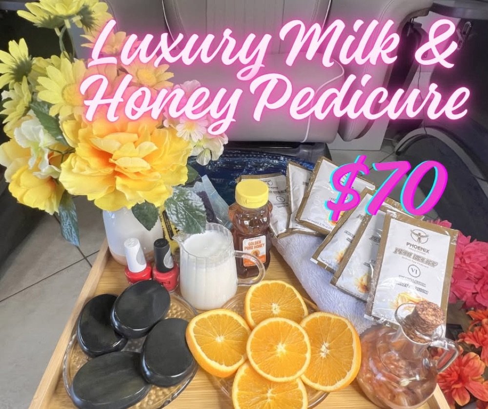 Luxury Milk & Honey Pedicure with warm milk, honey, fresh orange slices and hot stones at LUXE NAIL SPA, $70